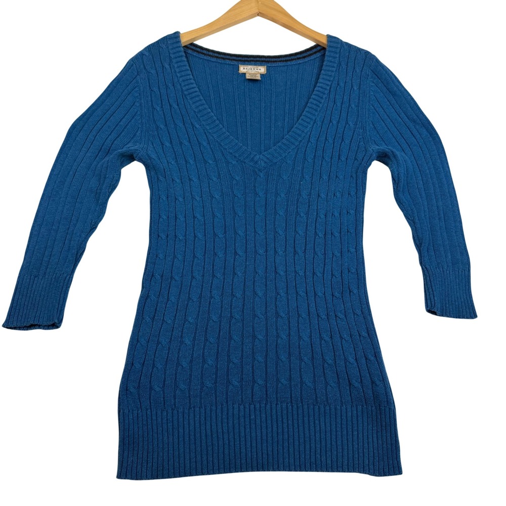 Arizona Jean Co Womens XL Teal Blue Cable Knit V-Neck Long Sleeve Sweater 4988
